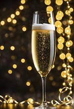 A close-up of a champagne glass with golden bubbles rising, AI generated