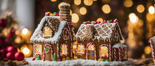 Gingerbread house decorations, focusing on the intricate icing details, colorful candy, and soft,