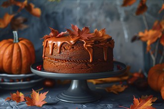 Pumpkin cake with autumn leaves and pumpkins. Generative AI, AI generated