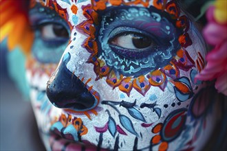 Close up of woman's face with colorful Halloween Dia de los Muertos costume face paint. Generative