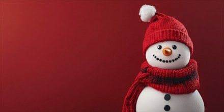 Cute snowman with knitted hat and scarf on red background with copy space. Generative AI, AI