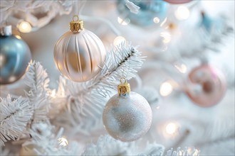 Close up of beautiful pastel colored bauble ornaments on branches of white christmas tree.