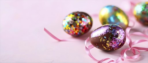 Small chocolate Easter eggs wrapped in shiny foil, placed on a bed of shredded pastel-colored