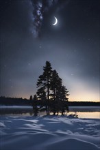 Tranquil winter night scene with a crescent moon and stars shining brightly over a frozen lake,