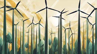 Abstract illustration of a forest with tall, geometric trees made of wind turbine blades, merging