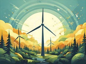 Abstract illustration of a forest with tall, geometric trees made of wind turbine blades, merging