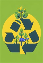 Recycling symbol morphing into growing plants and solar cells to symbolize the transformation of