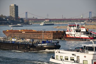 Cargo ships on the Rhine near Duisburg, pushed convoy, tanker, HGK, behind the