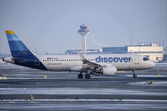 Discover Airbus A320-200, A-AIUZ, in front of take-off on runway west, Frankfurt Airport FRA,