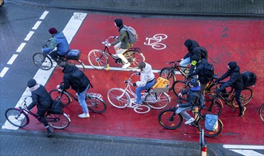 Cycle lane, space for cyclists at a traffic light crossing, marked red, cars, lorries must stop