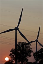 Sunset, high-voltage pylon, wind power plants, Melbeck, Ilmenau municipality, Lower Saxony,