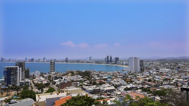 Panoramic view of Mazatlan sea promenade and waterfront El Malecon with ocean lookouts and beaches