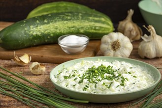 A plate with tzatziki, cucumber, garlic, salt and chives in the background