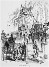 Town hall with covered staircase, Hanseatic city of Lübeck, hansom cab, people, soldier,