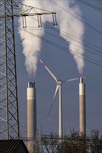 High-voltage power line, high-voltage pylon, chimney of the RZR Herten waste-to-energy plant, waste