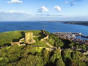 Scarborough Castle from a drone, Scarborough, North Yorkshire, England, United Kingdom, Europe