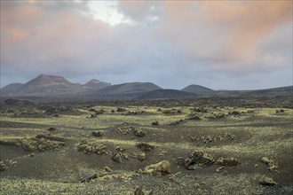 Sunrise, view towards Timanfaya National Park, Lanzarote, Canary Islands, Spain, Europe