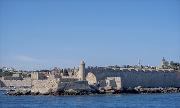 City wall with the De Naillac Tower, harbour area, Rhodes Town, Rhodes, Dodecanese, Greek Islands,