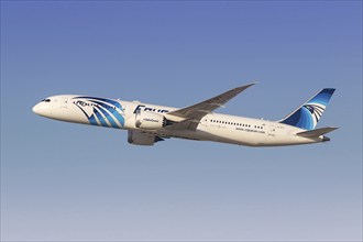 A Boeing 787-9 Dreamliner aircraft of Egyptair with the registration SU-GFY at the airport in