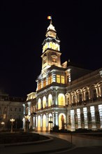 Banat, city of Arad, city centre, city hall at night, illuminated, Romania, Europe