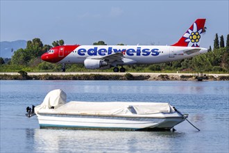 An Edelweiss Airbus A320 aircraft with the registration HB-JJK at Corfu Airport, Greece, Europe