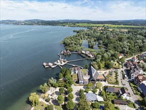 Aerial view of the pile dwellings, Lake Dwelling Museum, Open Air Museum Unteruhldingen,