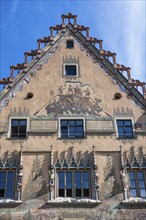 Historic wall paintings and stucco work, stonemasonry at Ulm Town Hall, Baden-Württemberg, Germany,