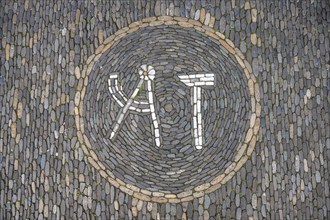 Hammer and compass, guild coat of arms, floor mosaic in Freiburg's historic city centre, Freiburg