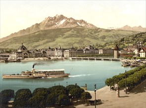 Railway station and Pilatus, Lucerne, Switzerland, Historic, digitally restored reproduction from a