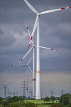 Wind farm east of Geilenkirchen, dark storm clouds, strong wind, North Rhine-Westphalia, Germany,