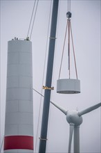 Construction of the tower of a wind power plant in a wind farm near Issum, 9 older wind turbines