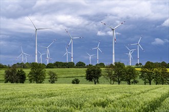 Wind farm east of Geilenkirchen, dark storm clouds, strong wind, North Rhine-Westphalia, Germany,
