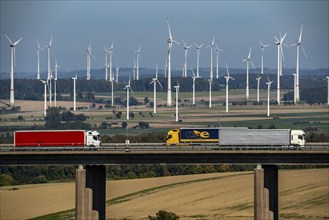 Wind farm near Lichtenau, bridge on the A44 motorway, Ostwestfalen Lippe, North Rhine-Westphalia,