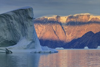 Large icebergs in fjord off Bergen, evening light, Scoresby Sound, East Greenland, Greenland, North