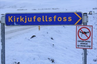 No drone sign at a tourist attraction, winter, Kirkjufellsfoss, Iceland, Europe