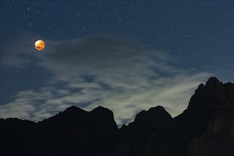 Complete lunar eclipse in front of mountains at night, full moon, Karwendel Mountains, Bavaria,