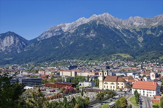 View of Innsbruck with the parish church and basilica Mariae Empfängnis, Wilten cemetery and the