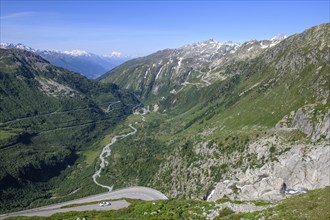 View from Furka road down the valley rhône to front bottom viewpoint to right Rhone waterfall