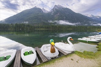 Jetty with boats at Hintersee, pedal boats, Ramsau, Berchtesgaden National Park, Berchtesgadener