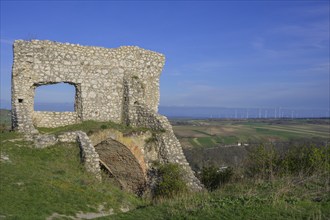 Wind turbines and castle ruins, Staatz, Lower Austria, Austria, Europe