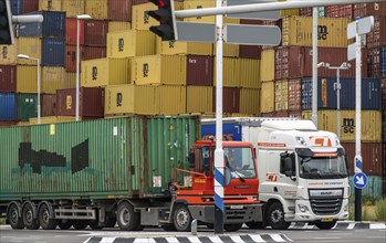 Europoort harbour, Waalhaven area, large container stack, warehouse, at RST Container Terminal,