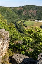 Eugenienstein, view into the Rur valley, landscape along the red sandstone route, in the Rureifel,