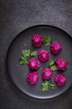 Beetroot khinkali, mini khinkali, purple, Georgian cuisine, no people