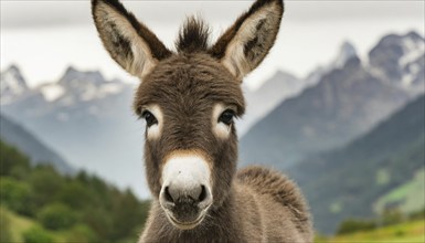 Close-up of a donkey foal with a mountainous landscape in the background