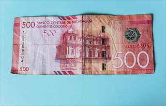 Banknote of 500 Nicaraguan cordobas isolated. 500 Nicaraguan cordobas bill on isolated background