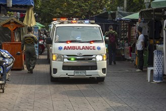 Ambulance, ambulance on duty, at Phra Athit Road, Chana Songkhram, Phra Nakhon, Bangkok, Thailand,