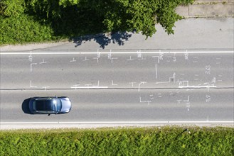 Drone photo of an accident scene. Traces of an accident on the B28 motorway near Dettingen an der