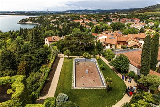 View of the castle garden, Duino Castle, with spectacular sea view, private residence of the