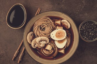 Asian soba soup, with mushrooms and egg, cheese, sesame seeds, homemade, no people