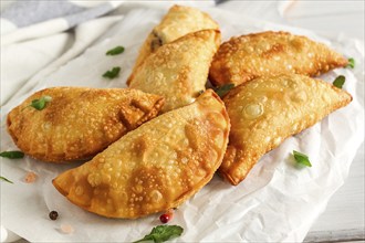 Fried chebureks, close-up, on a light background, no people